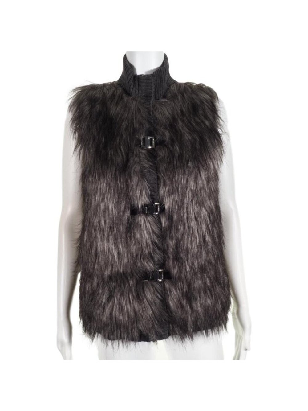 Calvin Klein Vest Faux Fur Size XS Womens Sweater Metal Closures Gray Mock Tunic